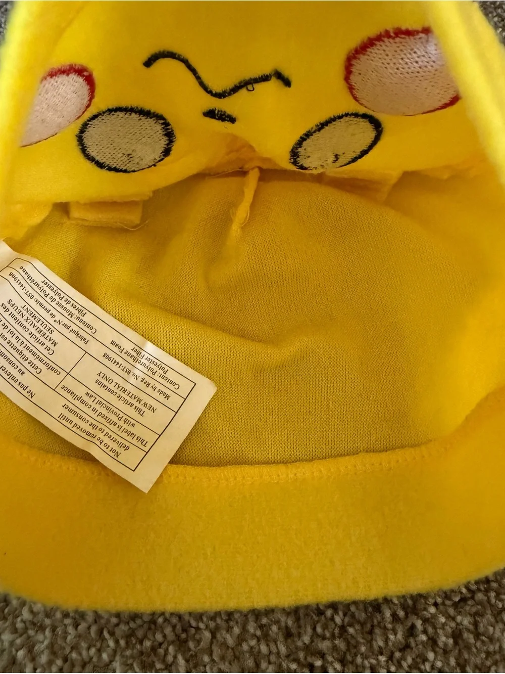Pokemon Yellow Pikachu Plush Hat with Black Ear Tips and Red Cheeks